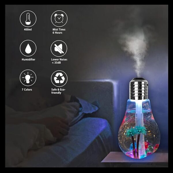 USB Air Humidifier | Bulb Humidifier Lamp Shape | Decorative Lights Diffuser, Purifier Atomizer With Colorful LED Night Light for Office Desk, Bedroom, Living Room, Home Decor - Image 4