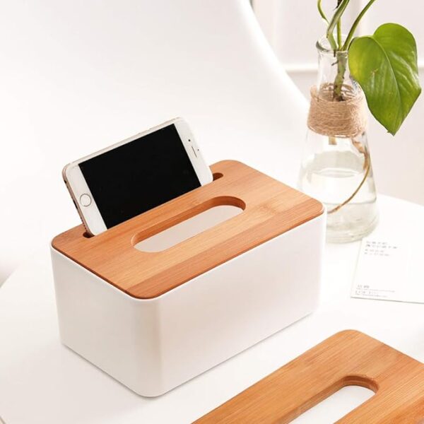 Tissue Box wooden top with mobile holder | Wooden Cover Tissue Box for Office & Home (White Color)