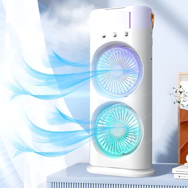 Portable Mini Double Fan Air Cooler With Mist Humidifier and Led lighting, Mini Table Cooling Fan For Home & Office - Rechargeable (White) - Image 3