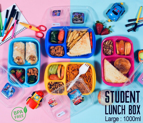 Student Lunch Box - 1000ml - Lunch Box With Three Portions/Compartments (Random Color)