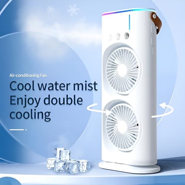 Portable Mini Double Fan Air Cooler With Mist Humidifier and Led lighting, Mini Table Cooling Fan For Home & Office - Rechargeable (White) - Image 7