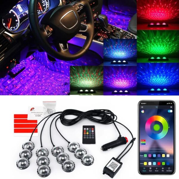 Car Led Foot light Ambient Atmosphere Light 4 in 1 RGB Sound Remote Decorative light Interior lighting Ambient Light Cigarette Bluetooth And Remote Operated