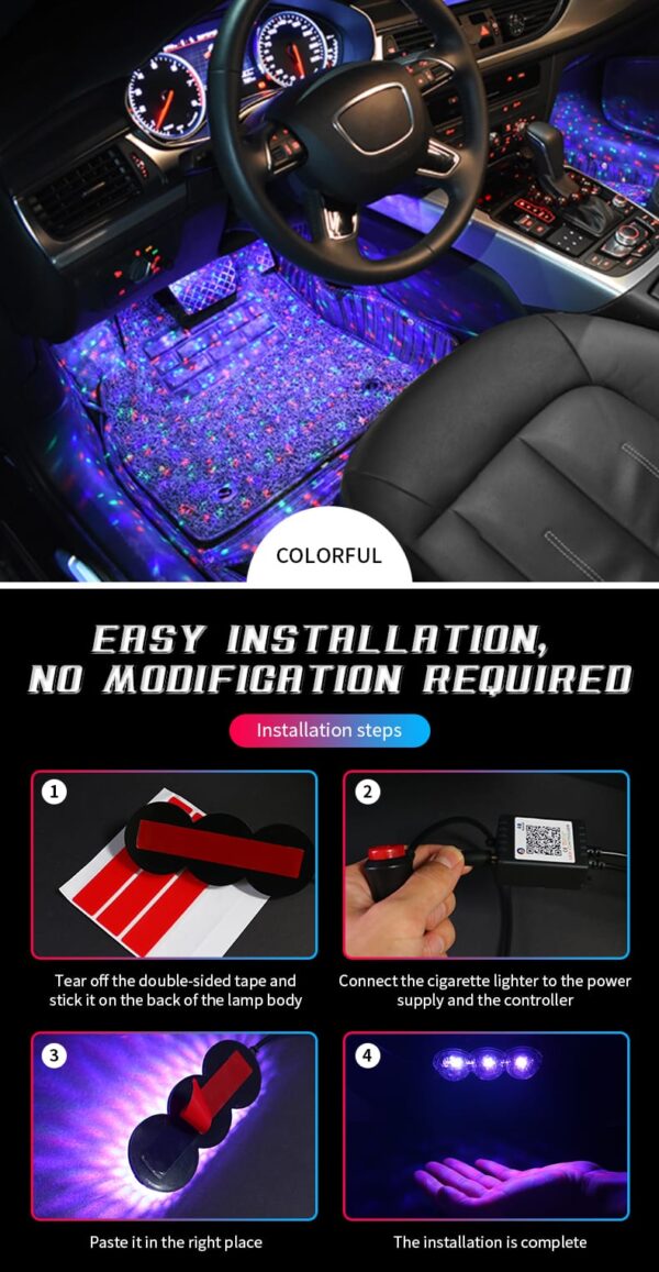 Car Led Foot light Ambient Atmosphere Light 4 in 1 RGB Sound Remote Decorative light Interior lighting Ambient Light Cigarette Bluetooth And Remote Operated - Image 14