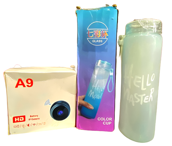 Deal pack of 2 - A9 Mini Camera & Frosted Glass Water Bottle (Random color)