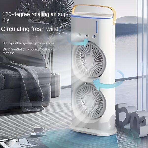 Portable Mini Double Fan Air Cooler With Mist Humidifier and Led lighting, Mini Table Cooling Fan For Home & Office - Rechargeable (White) - Image 9