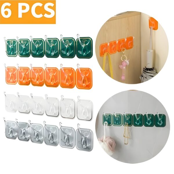 6 Pcs - Self Adhesive Wall Mounted Sticky Hooks for Hanging Clothes and household items (Random color)