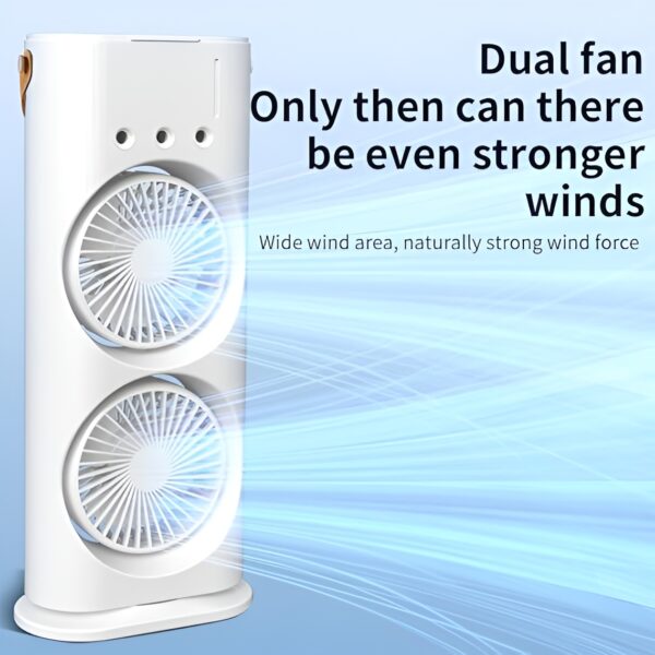 Portable Mini Double Fan Air Cooler With Mist Humidifier and Led lighting, Mini Table Cooling Fan For Home & Office - Rechargeable (White) - Image 10